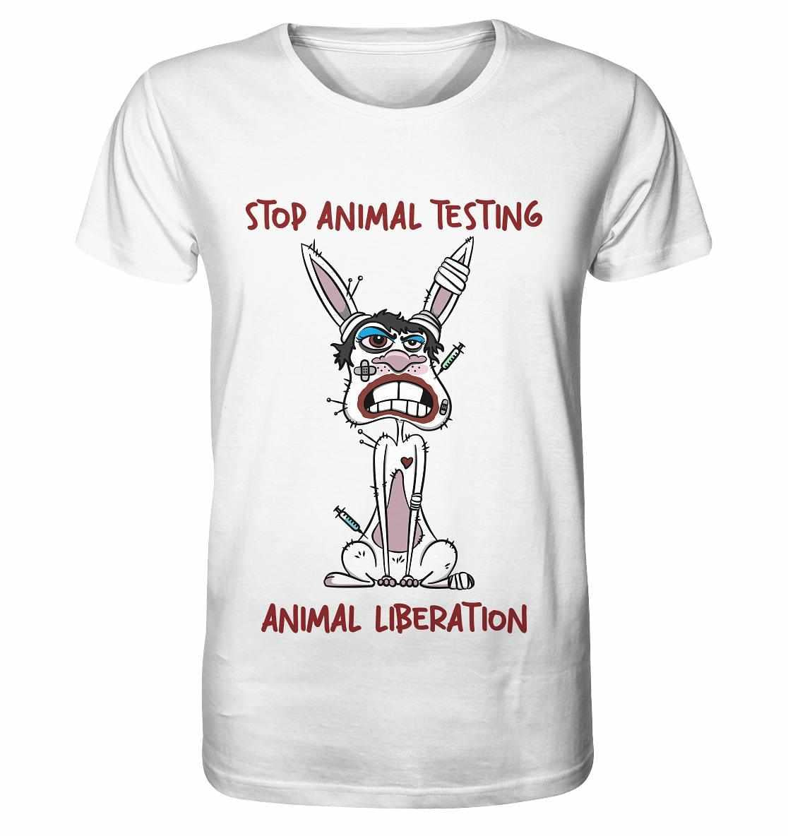 Vegan und Bio Unisex Shirt mit Cartoon-Hase und STOP ANIMAL TESTING!-Botschaft, symbolisiert Tierrechtsaktivismus und nachhaltige Mode.