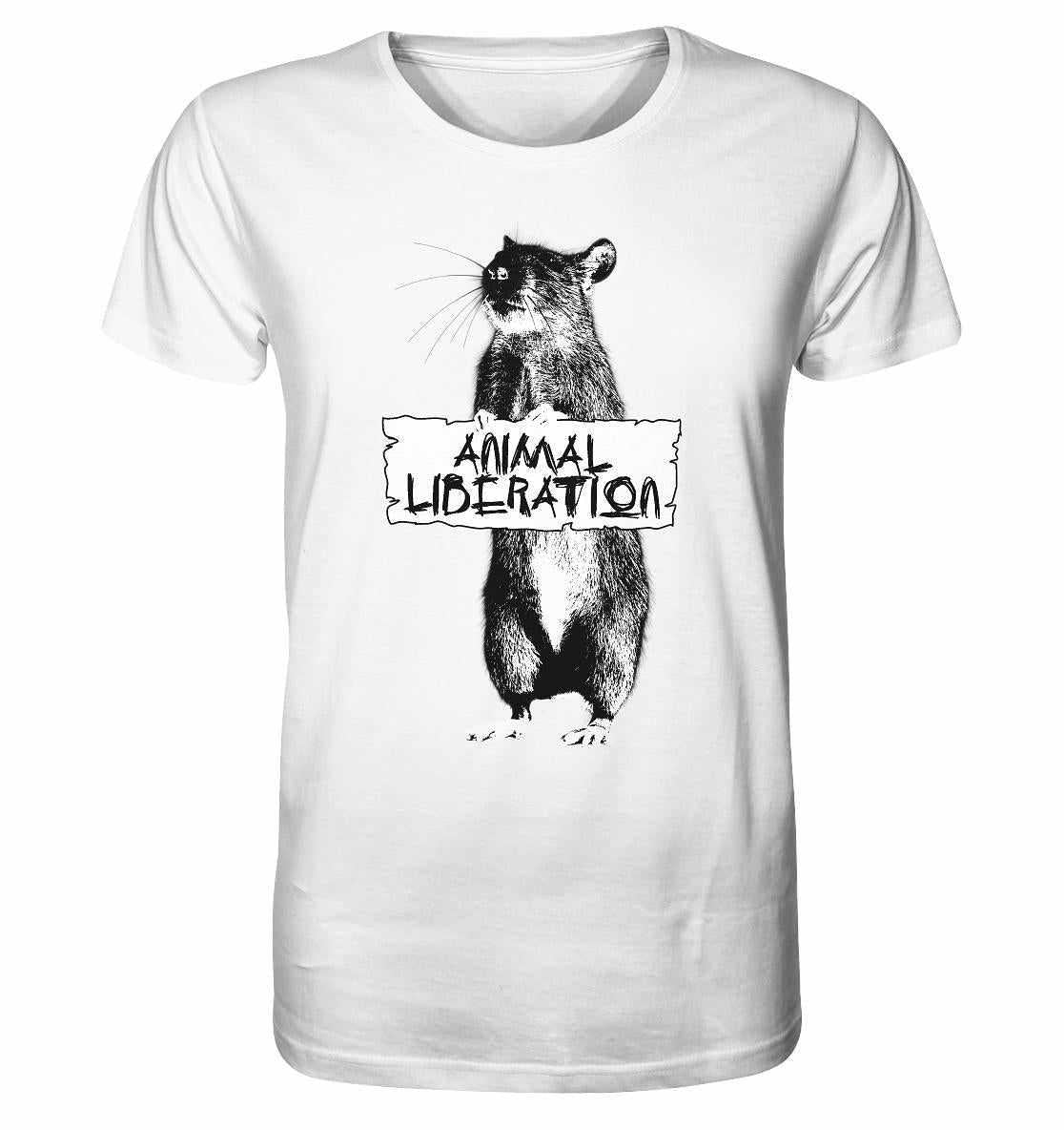 Vegan und Bio Unisex Shirt: Rat for Animal Liberation, zeigt digital erstellte Tiermotive im Street Art-Stil, inspiriert von Banksy, auf einem weißen T-Shirt aus Bio-Baumwolle.