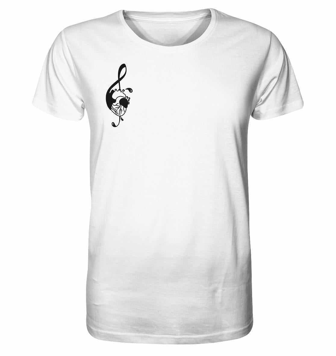 Vegan und Bio Unisex Shirt: Music Therapy with Heart – Weißes Shirt mit schwarzem Herz und Notenschlüssel, aus 100 % Bio-Baumwolle, Musikthema repräsentierend.