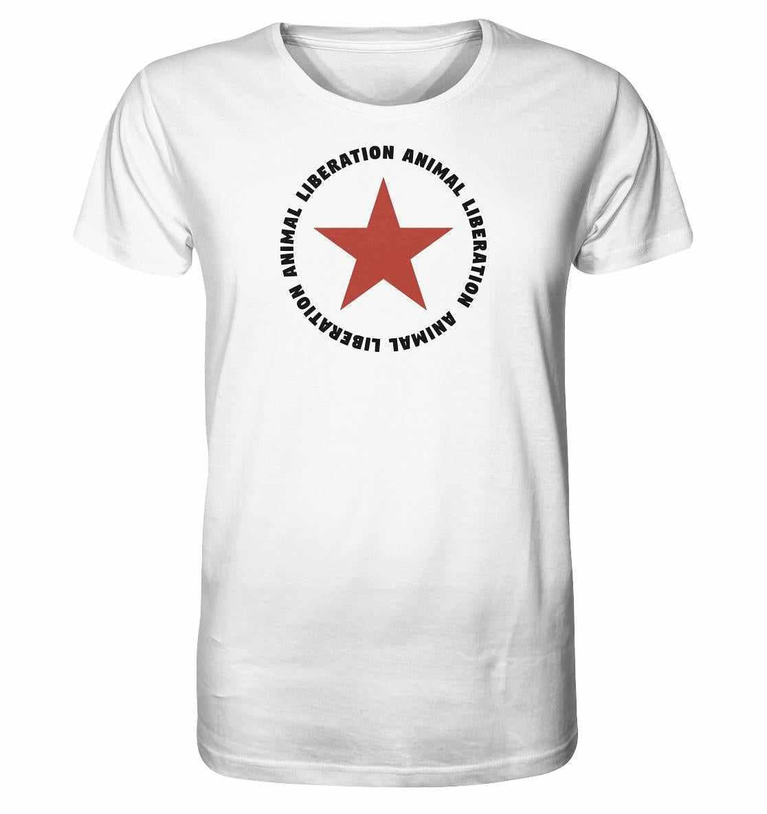 Vegan und Bio Unisex Shirt: Red Star und Animal Liberation, weißes T-Shirt mit rotem Stern, hergestellt aus 100% Bio-Baumwolle, verkörpert Nachhaltigkeit und Tierrechtsbotschaft.