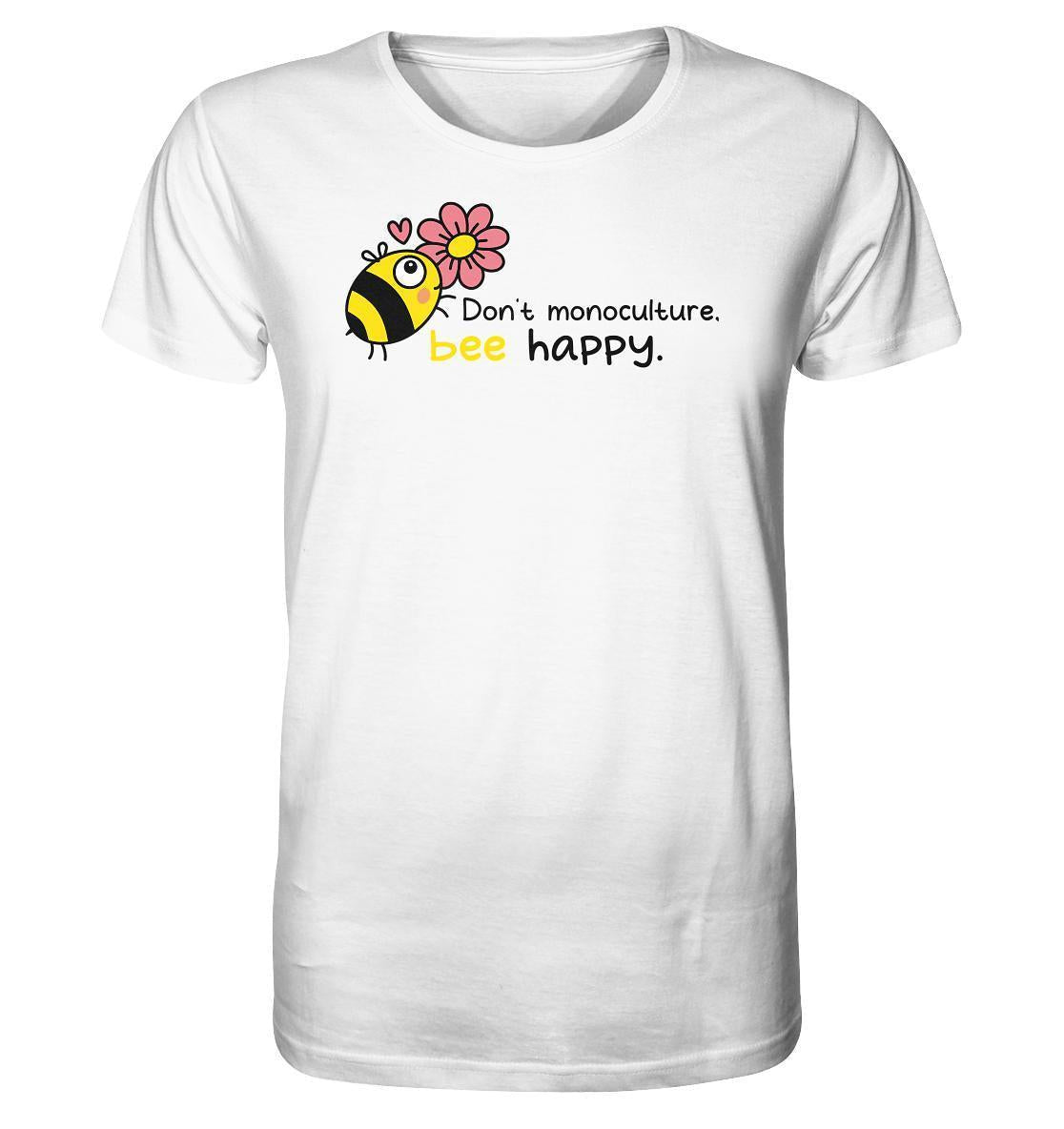 Vegan und Bio Unisex Shirt: Save the bees, weiße T-Shirt mit Bienen- und Blumenmotiv, aus Bio-Baumwolle, betont Insektenschutz und Nachhaltigkeit, normale Passform, kurze Ärmel.