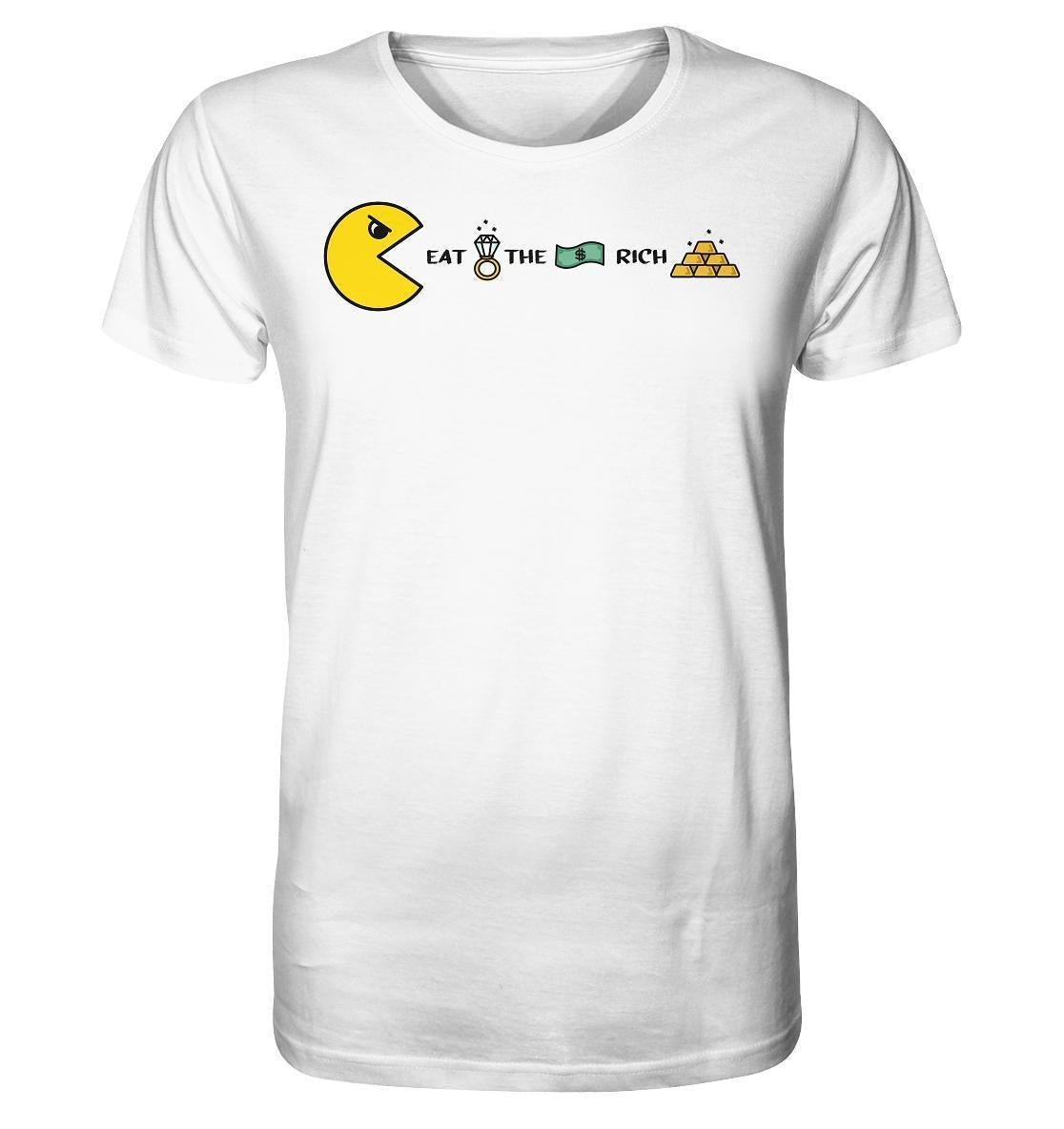 Vegan und Bio Unisex Shirt: PAC-MAN - Eat the rich, weiß mit gelbem Pac-Man und Pyramidenmotiv, aus Bio-Baumwolle, normaler Schnitt, nachhaltiges Design.