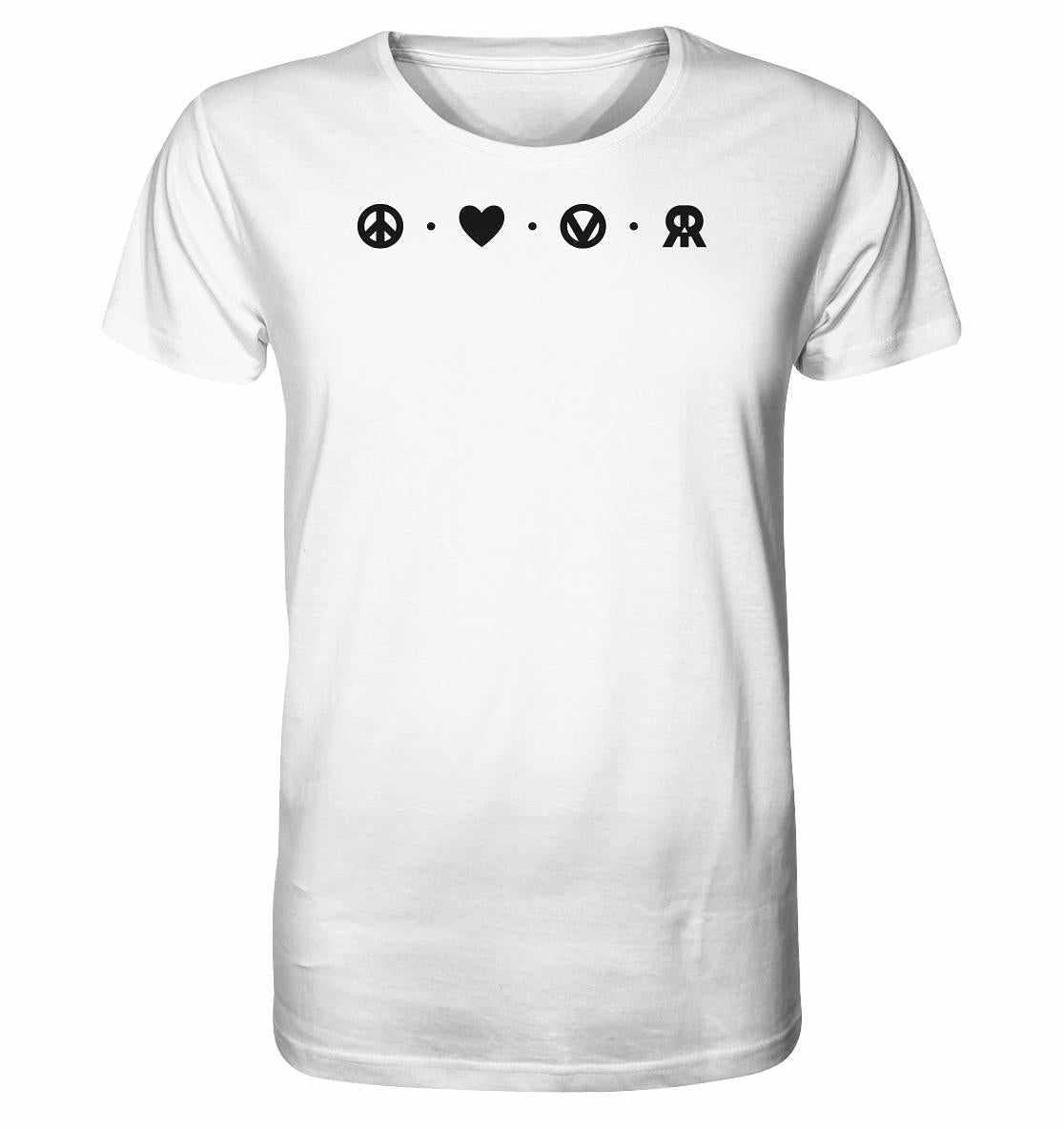 Vegan und Bio Unisex Shirt: Peace - Love - Veganism - RUDE REBEL, weiß mit schwarzen Symbolen für Frieden, Liebe und Veganismus. Hergestellt aus Bio-Baumwolle. Normale Passform.