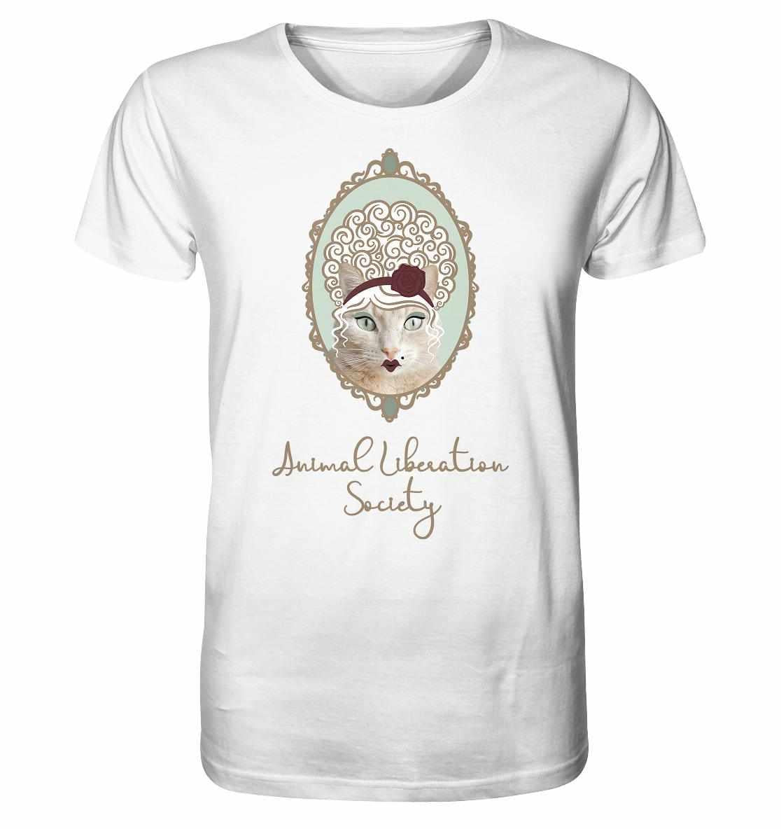Vegan und Bio Unisex Shirt: Miss Cat - Animal Liberation Society, zeigt Katzenmotiv, umweltfreundlich produziert aus Bio-Baumwolle, normaler Schnitt, inspiriert von Tierrechten.
