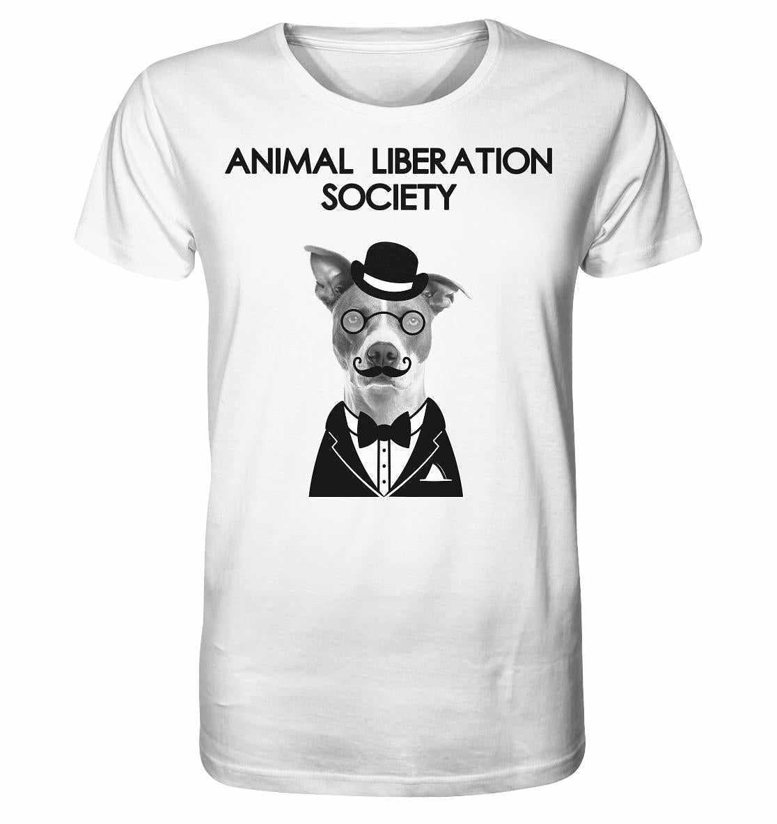 Vegan und Bio Unisex Shirt mit Hundemotiv, der Hut und Brille trägt, inspiriert von der Animal Liberation Society, aus 100% Bio-Baumwolle.