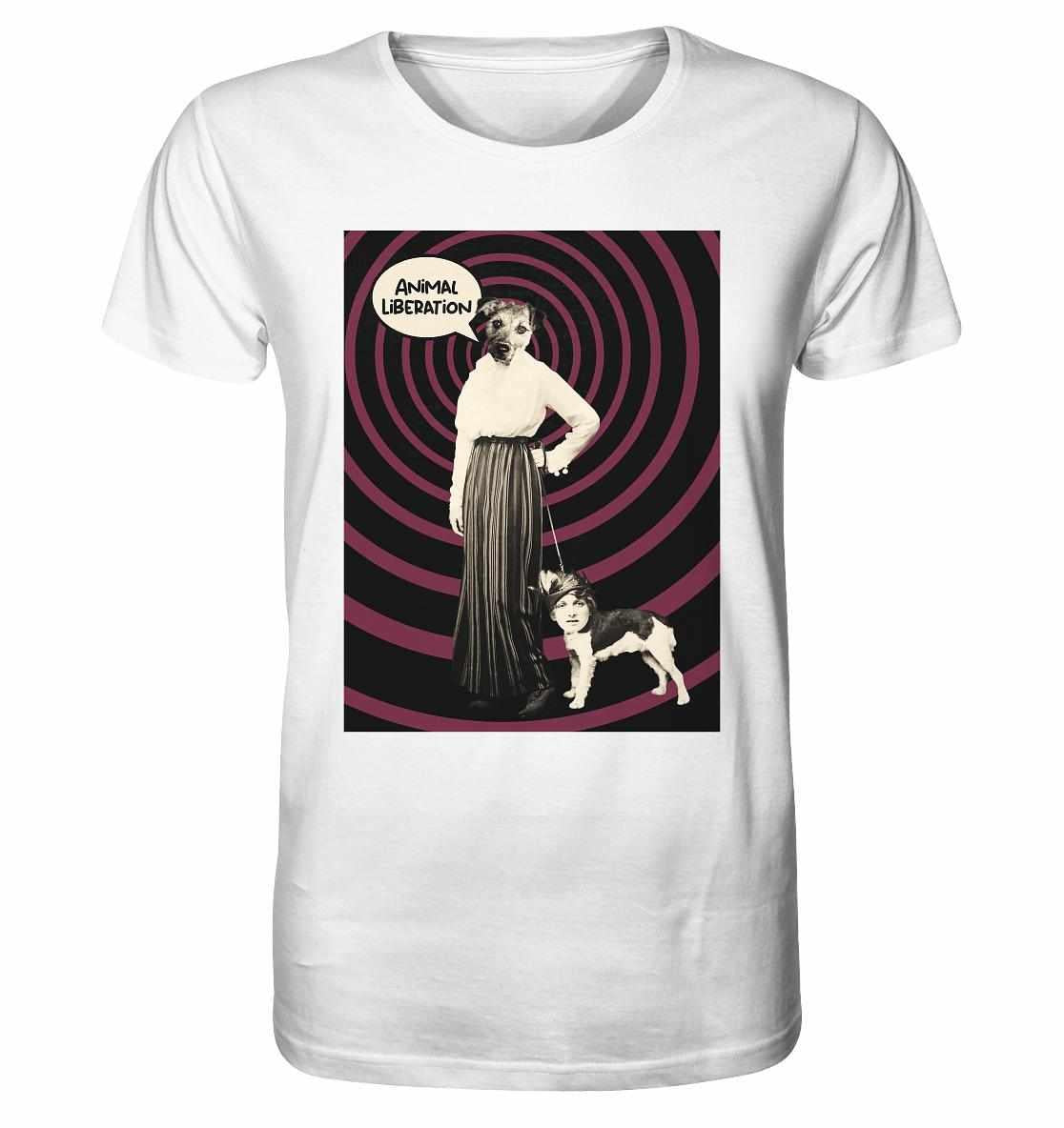 Vegan und Bio Unisex Shirt mit Collage einer Frau und Hund, inspiriert von Tierrechten, aus 100% Bio-Baumwolle.