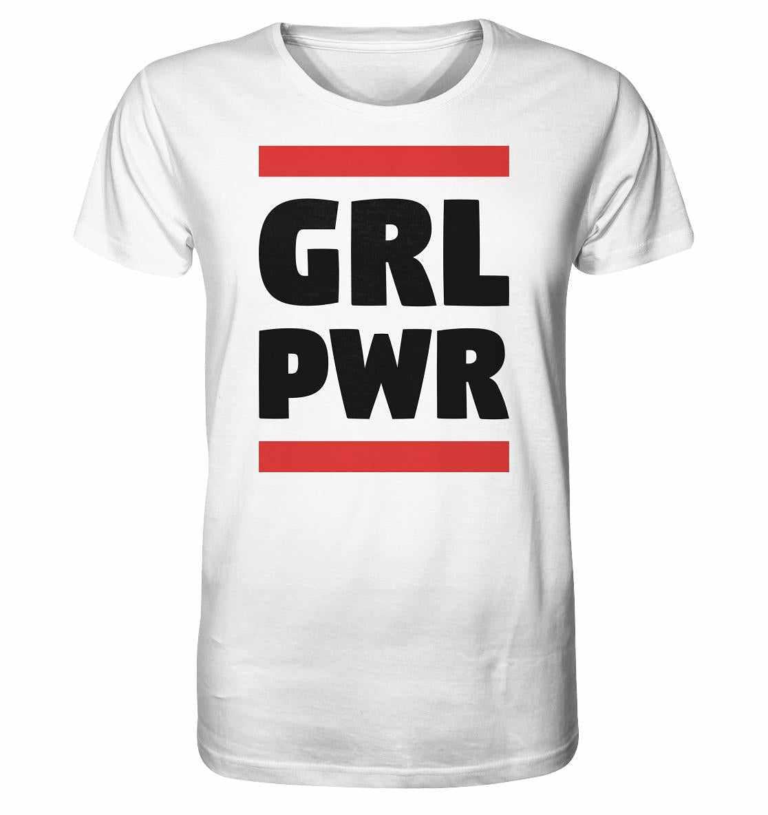 Vegan und Bio Unisex Shirt: GIRL POWER mit feministischer Botschaft, weiß mit schwarzem Text, aus 100 % Bio-Baumwolle, normale Passform, symbolisiert Stärke und Emanzipation.