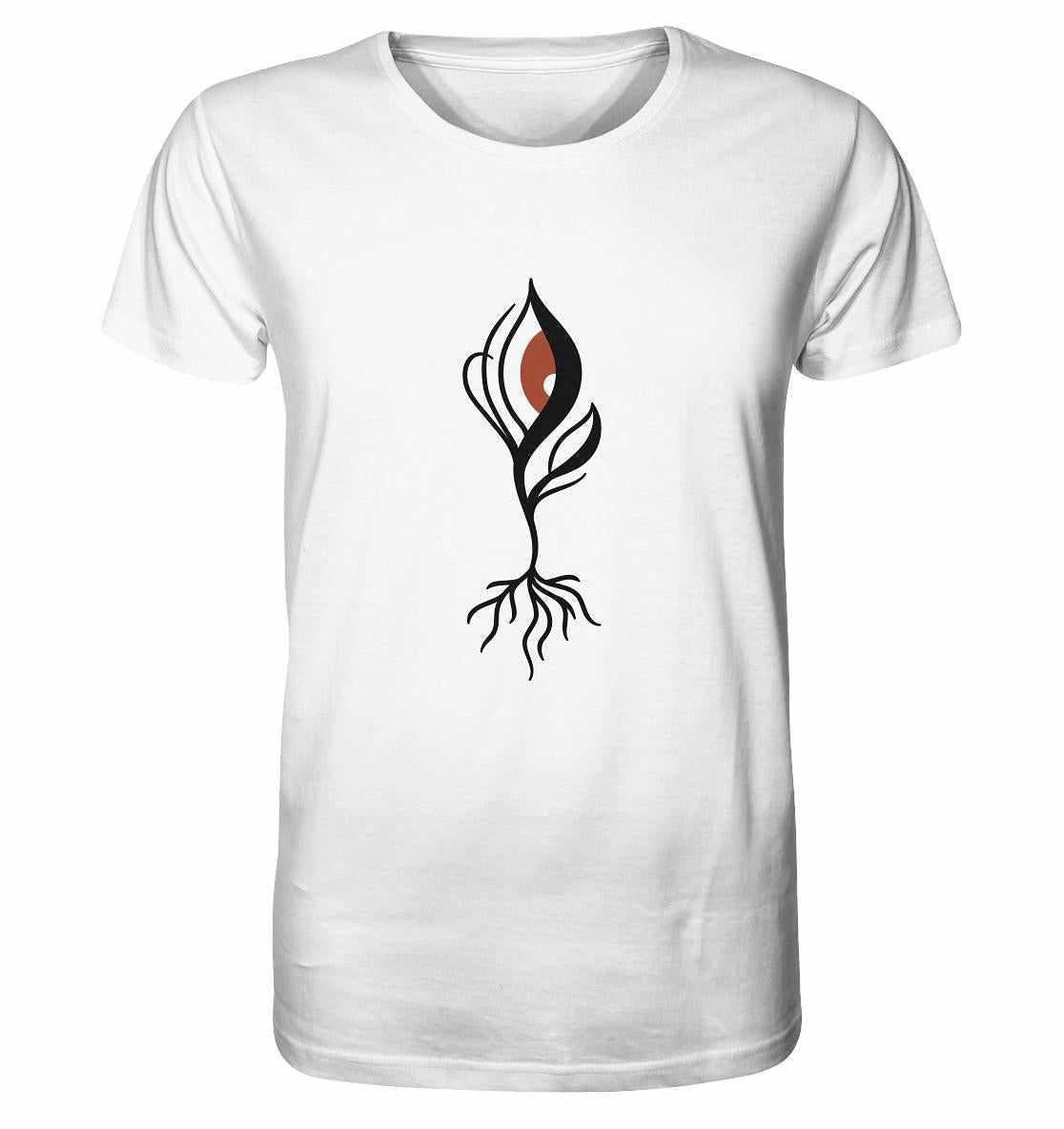 Vegan und Bio Unisex Shirt mit blutrotem Auge und Pflanzenmotiv, symbolisiert Naturverbundenheit, hergestellt aus 100 % Bio-Baumwolle, rebellisches Design von RUDE REBEL.