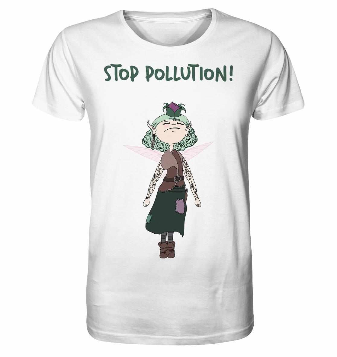 Vegan und Bio Unisex Shirt: STOP POLLUTION! - Krawall Fee mit tätowierter Cartoon-Fee und umweltfreundlicher Botschaft, aus 100% Bio-Baumwolle.