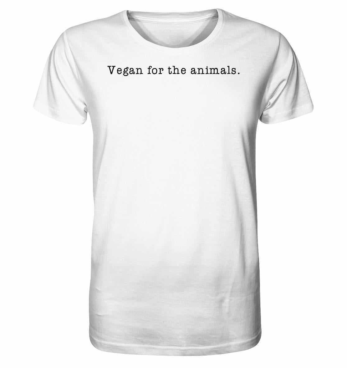 Veganes Unisex-Shirt mit minimalistischem Design und schwarzem Text Vegan for the animals auf weißem Hintergrund. Hergestellt aus 100 % Bio-Baumwolle.