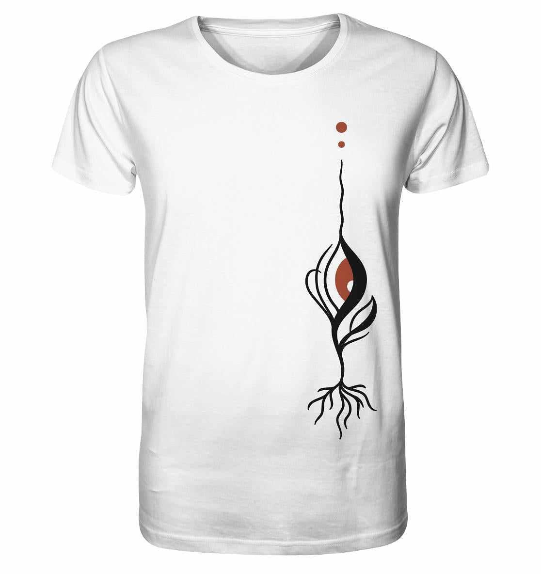 Veganes & biologisches Unisex-Shirt: Minimalistisches blutiges Auge - Pflanze, aus Bio-Baumwolle, mit grafischem Pflanzendesign, inspiriert von Umweltschutz und nachhaltiger Mode.