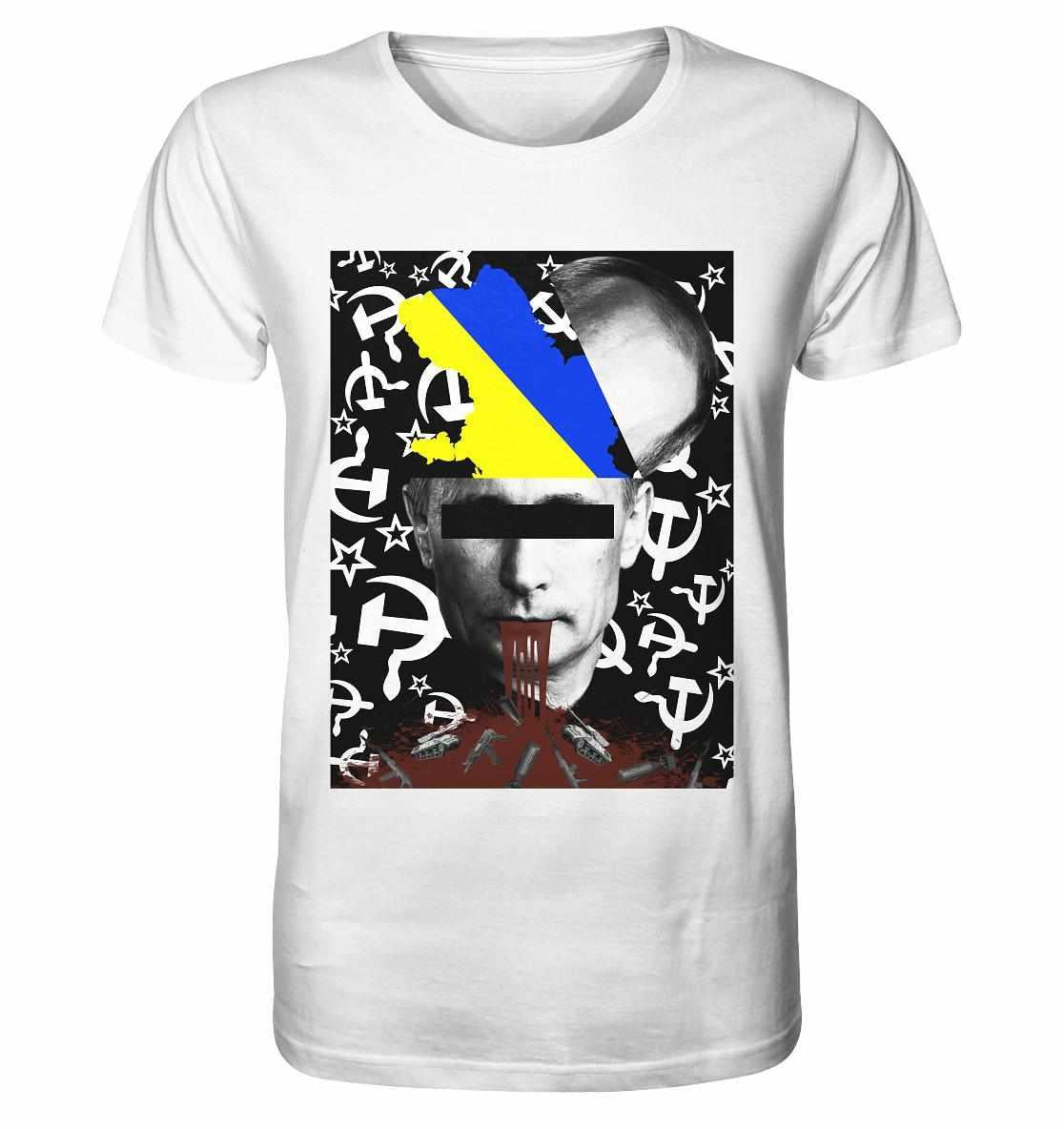 Vegan und Bio Unisex Shirt: STOP WAR IN UKRAINE! mit digitaler Collage eines Mannesgesichts, symbolisch gegen Kriege, aus Bio-Baumwolle, von RUDE REBEL.