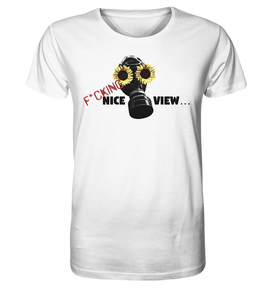 Vegan und Bio Unisex Shirt: Sunflower Mask - F*cking nice view..., weißes Shirt mit schwarzer Gasmaske und Sonnenblumen, aus Bio-Baumwolle, rebellisches Design.