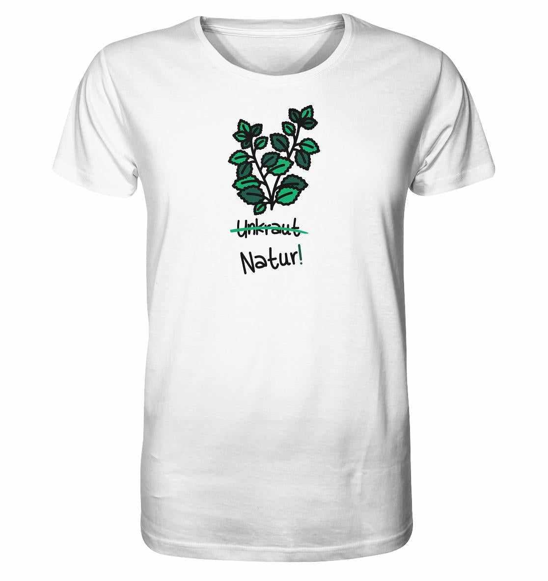 Vegan und Bio Unisex Shirt: Brennnessel - Naturschutz, weiß mit grünem Blätterdesign, aus Bio-Baumwolle, symbolisiert Umweltschutz und Wertschätzung für alle Pflanzen.