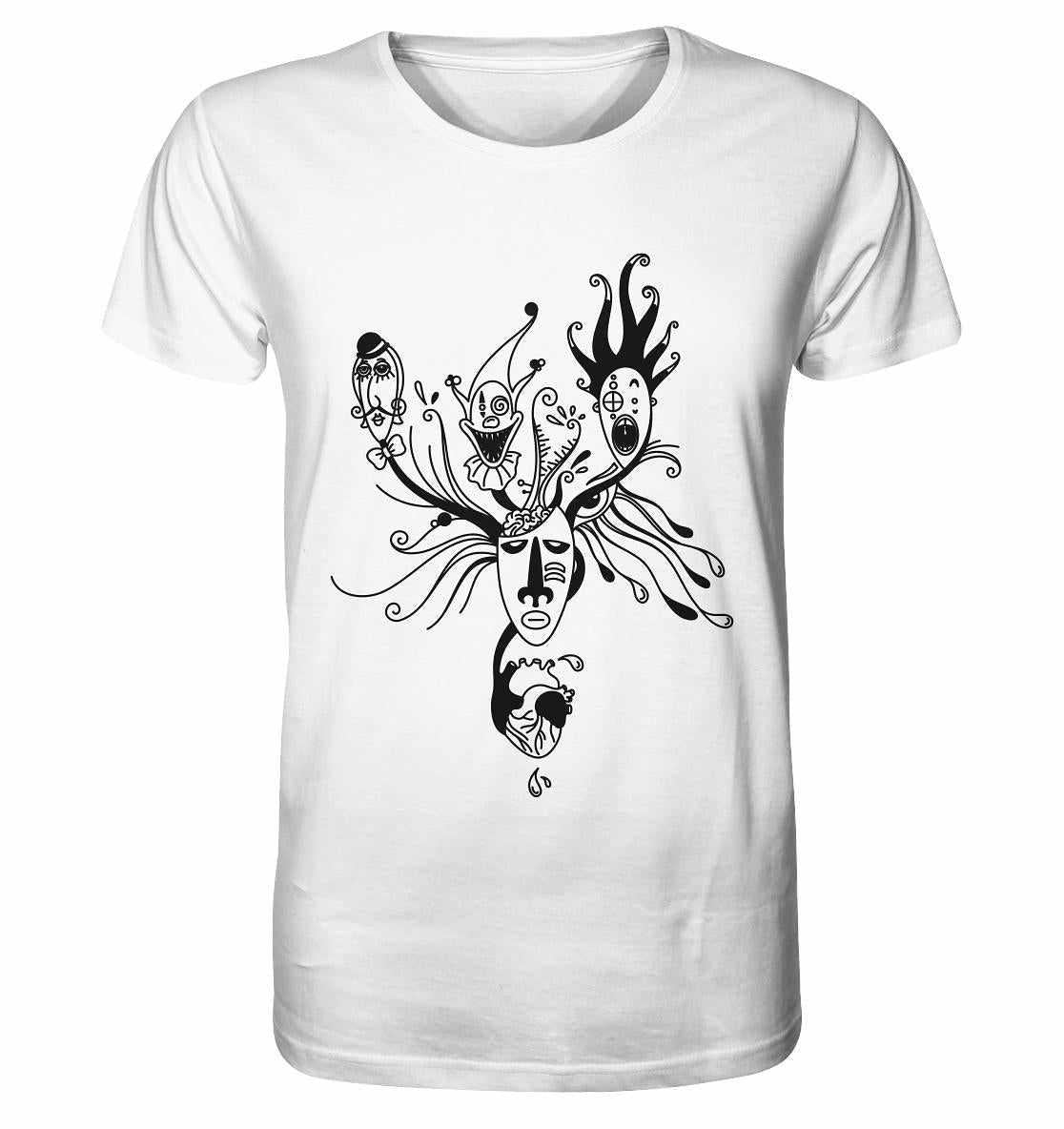 Vegan und Bio Unisex Shirt: Behind the Mask mit minimalistischem Blackwork-Design eines Gesichts, aus Bio-Baumwolle, normaler Schnitt, von RUDE REBEL.