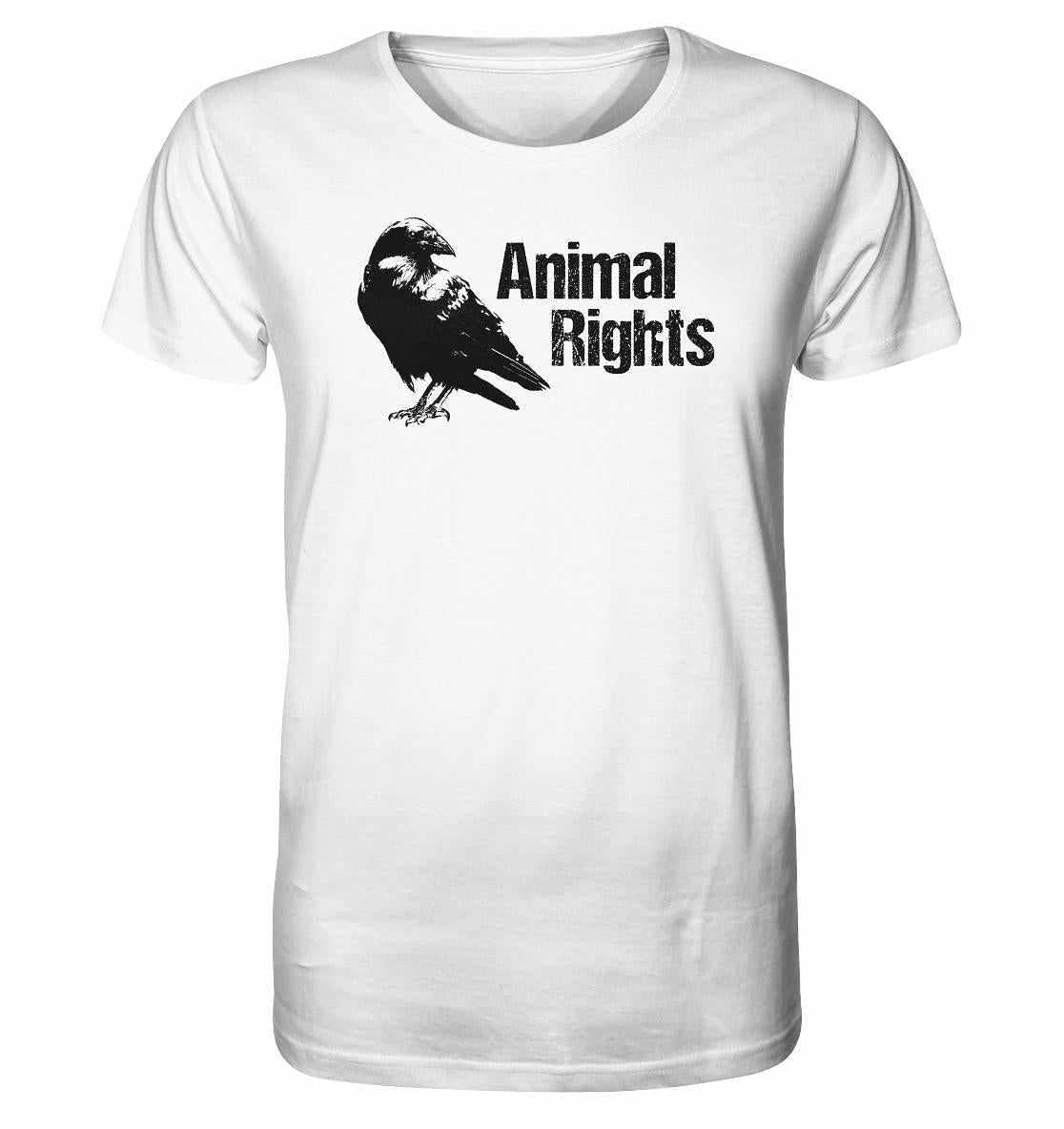 Vegan und Bio Unisex Shirt: Raven - Animal Rights, weißes T-Shirt mit schwarzem Vogelmotiv, aus 100% Bio-Baumwolle, normale Passform, fördert Tierrechte.