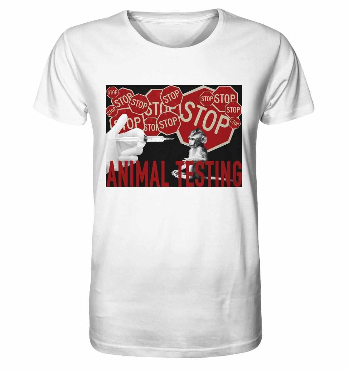 Vegan und Bio Unisex Shirt: STOP ANIMAL TESTING! mit provokativem Design eines Affen und Stoppschilds gegen Tierversuche, aus nachhaltiger Bio-Baumwolle.