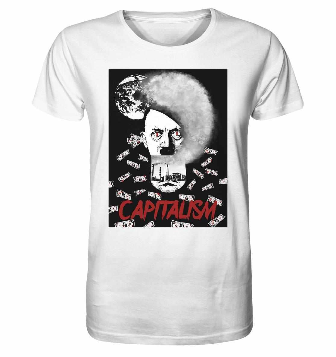 Vegan und Bio Unisex Shirt mit einem Gesicht und Geldsymbolen, thematisiert Kapitalismus und Umweltzerstörung, aus Bio-Baumwolle, von RUDE REBEL.