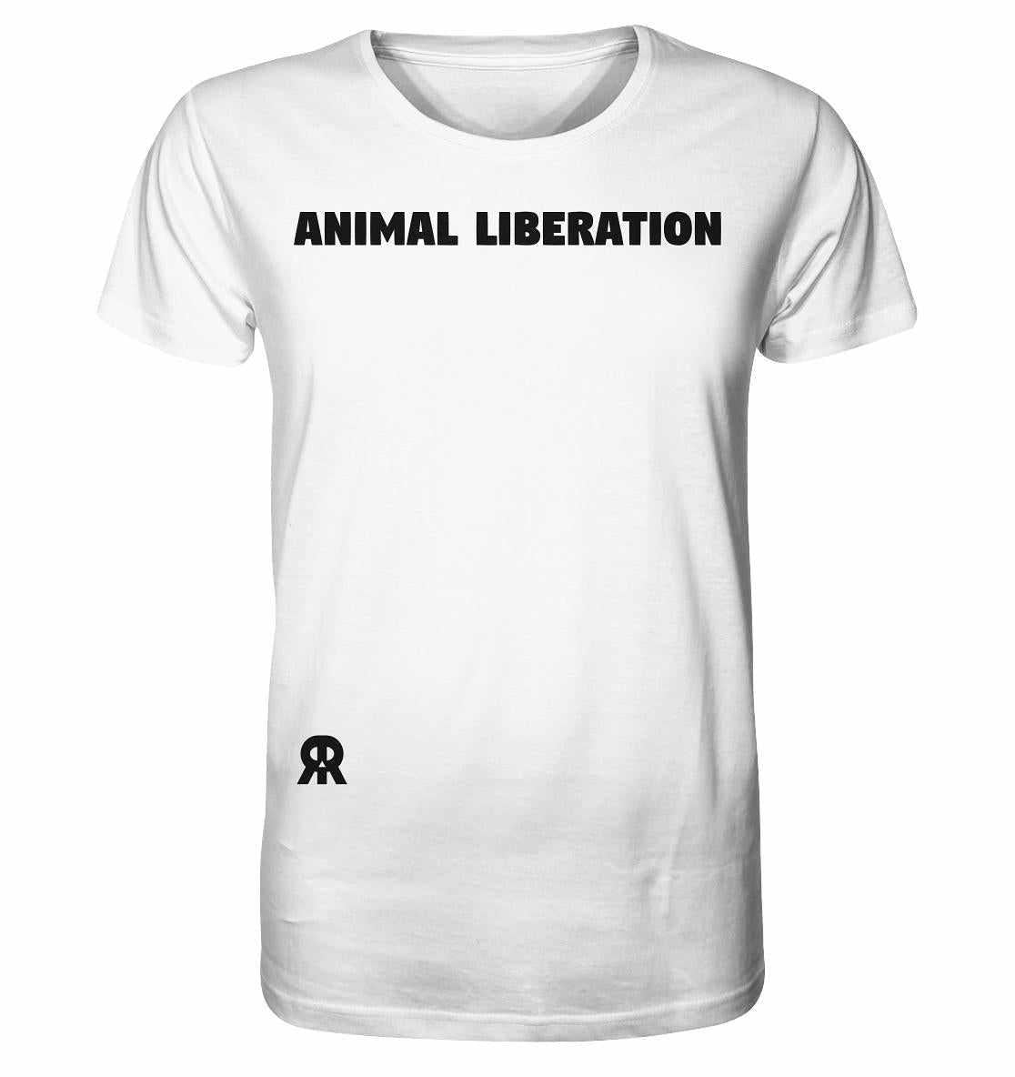 Vegan und Bio Unisex Shirt: Animal Liberation, weißes Shirt mit schwarzem Text ANIMAL LIBERATION, aus Bio-Baumwolle, fördert Tierschutz.