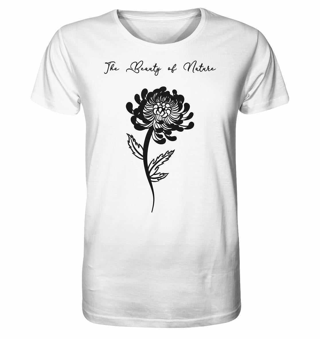 Vegan und Bio Unisex Shirt: Chrysantheme - Weißes Shirt mit schwarzem Blumenmotiv, aus Bio-Baumwolle, nachhaltig und umweltfreundlich produziert.