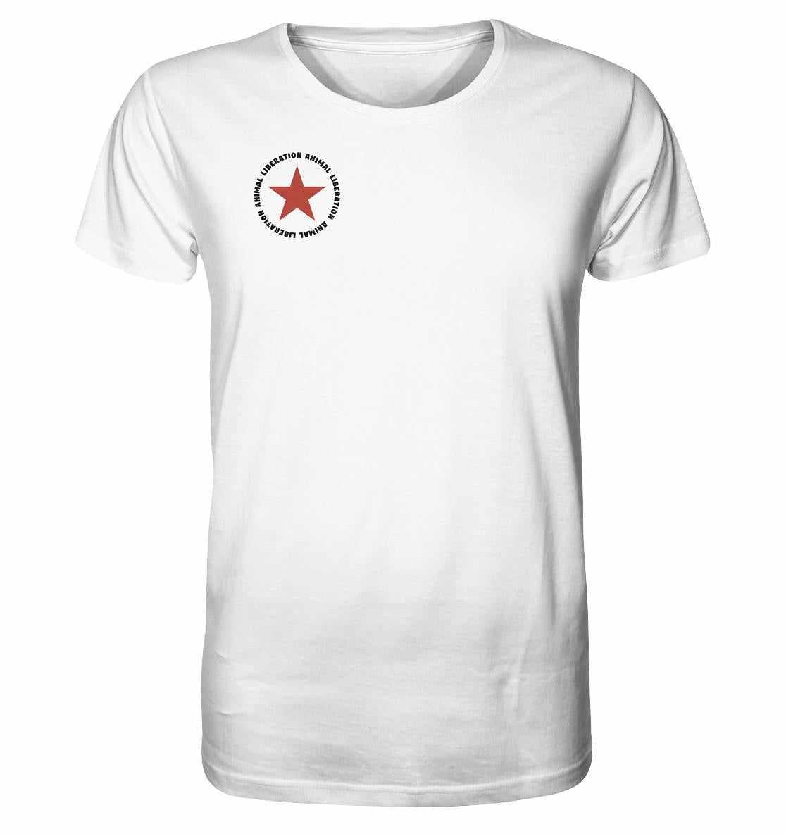 Vegan und Bio Unisex Shirt: Red Star - Animal Liberation, ein weißes T-Shirt mit rotem Stern, aus biologischer Baumwolle, symbolisiert Tierrechte und Nachhaltigkeit.