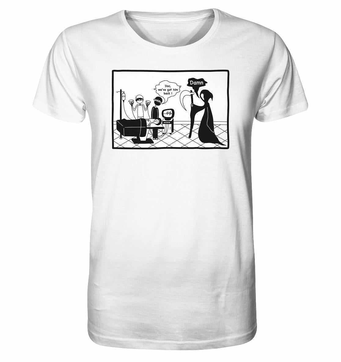 Vegan und Bio Unisex Shirt: Comicstripe - The Reaper, zeigt einen Cartoon im Krankenhaus, der schwarzen Humor über das moderne Leben und den Tod darstellt.