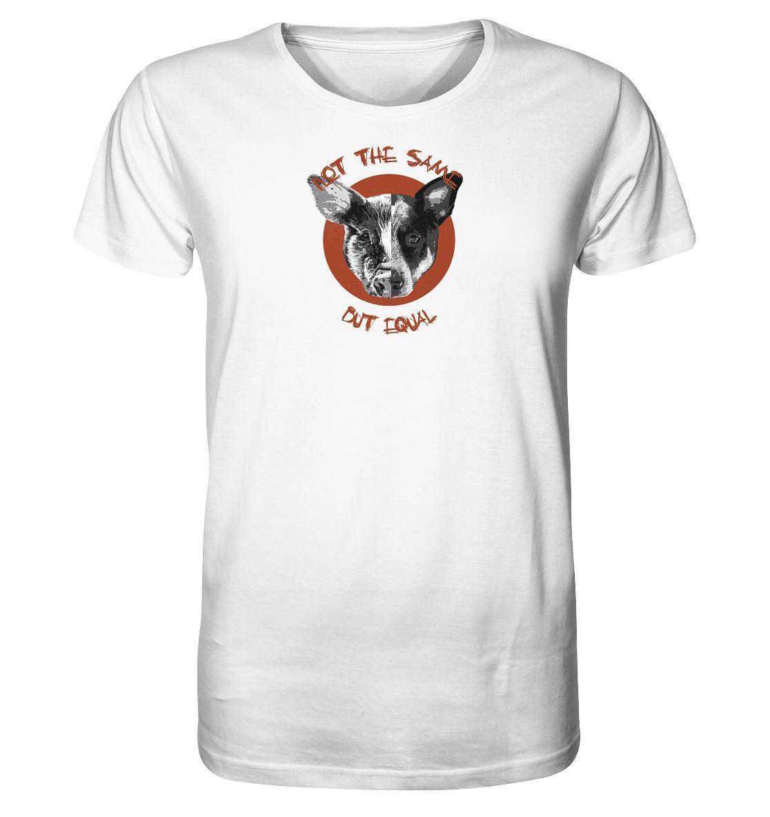 Vegan und Bio Unisex Shirt: Pig - Dog “Not the same but equal”, zeigt Hundegesicht, symbolisiert gleiche Tierbehandlung. Hergestellt aus 100% Bio-Baumwolle, normale Passform.