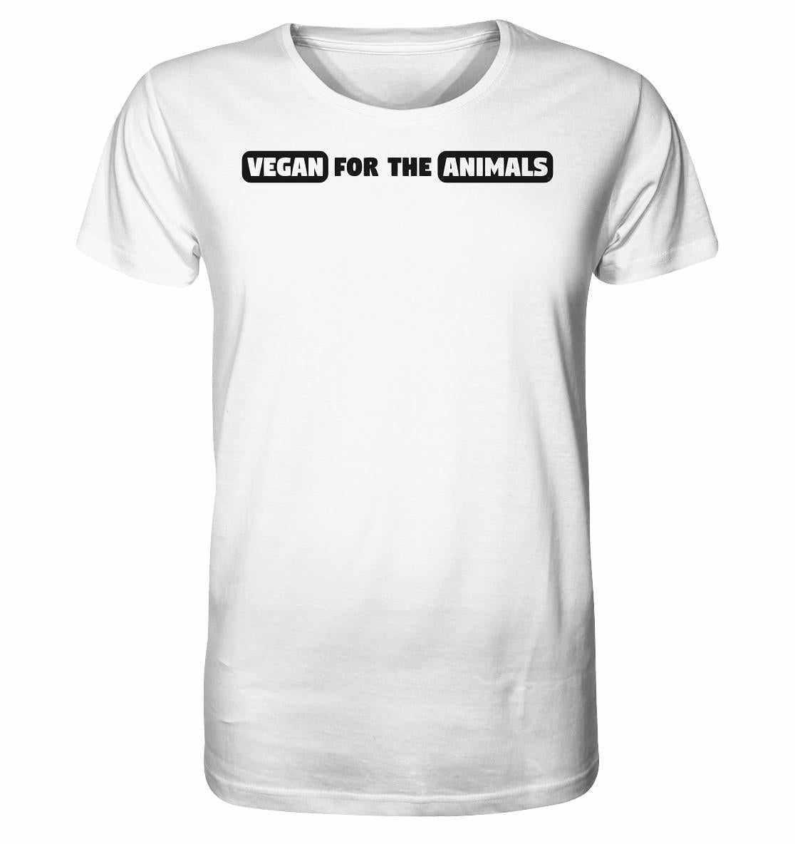 Vegan und Bio Unisex Shirt: VEGAN FOR THE ANIMALS Edition 2, weißes T-Shirt mit schwarzem Text, aus 100% Bio-Baumwolle, normaler Schnitt, thematisiert Tierrechte.