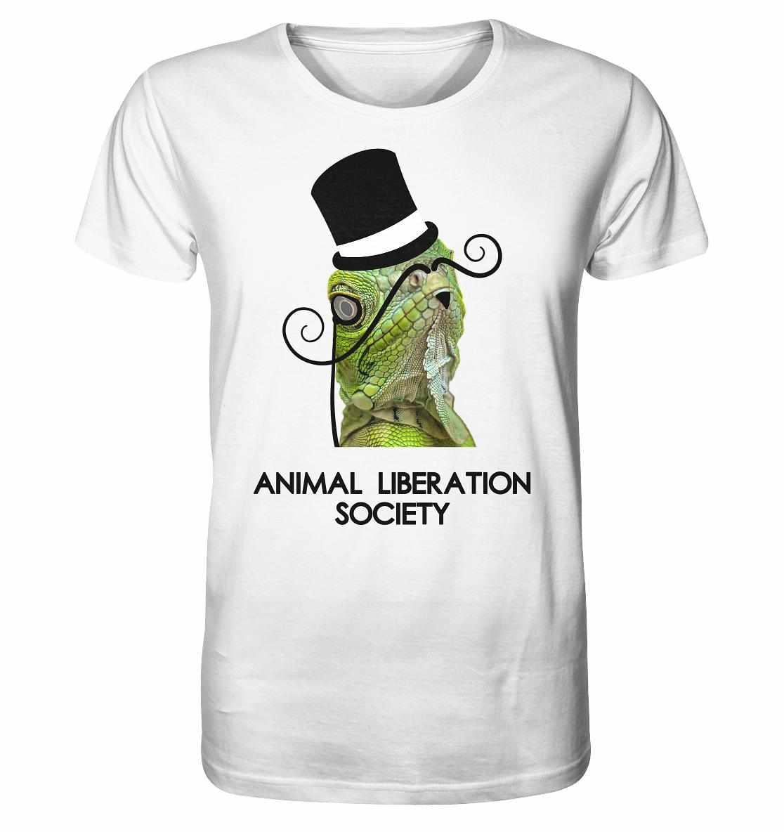 Vegan und Bio Unisex Shirt: Sir Reptile - Animal Liberation Society, zeigt einen Hut und Schnurrbart tragenden Lizard, vegan und umweltfreundlich aus Bio-Baumwolle gefertigt.