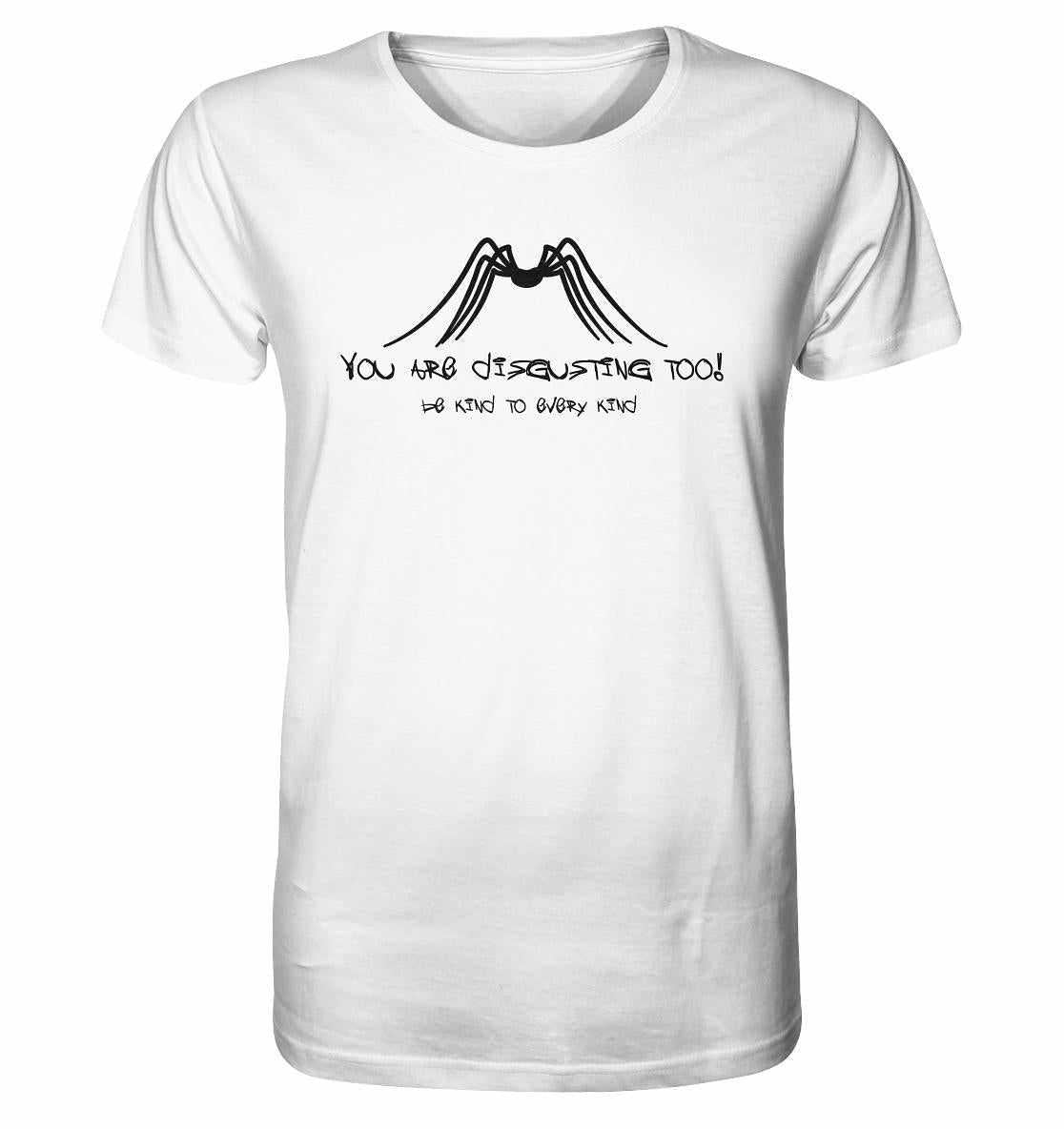 Vegan und Bio Unisex Shirt mit schwarzem Spinnenmotiv und Text, aus nachhaltiger Bio-Baumwolle, fördert Tierschutzbewusstsein.