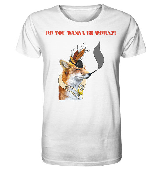 Vegan und Bio Unisex Shirt: Mrs. Fox demonstriert gegen Pelz! Weißes T-Shirt mit Fuchs-Motiv, der Hut und Zigarette trägt, aus 100% Bio-Baumwolle.