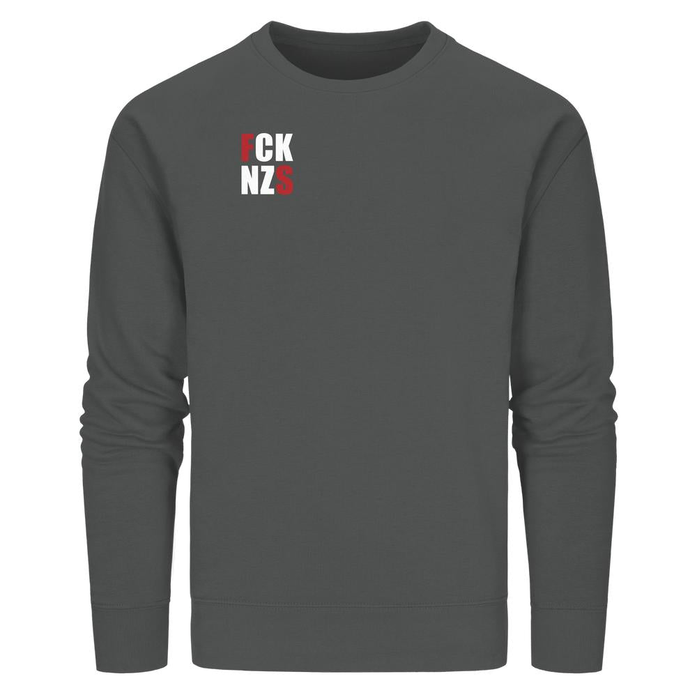 Vegan und Bio Unisex Sweatshirt: Dunkelgraues Crew-Neck mit FCK NZS-Print in Rot und Weiß auf der Brust, nachhaltige Materialien, normale Passform, rebellisches Design.