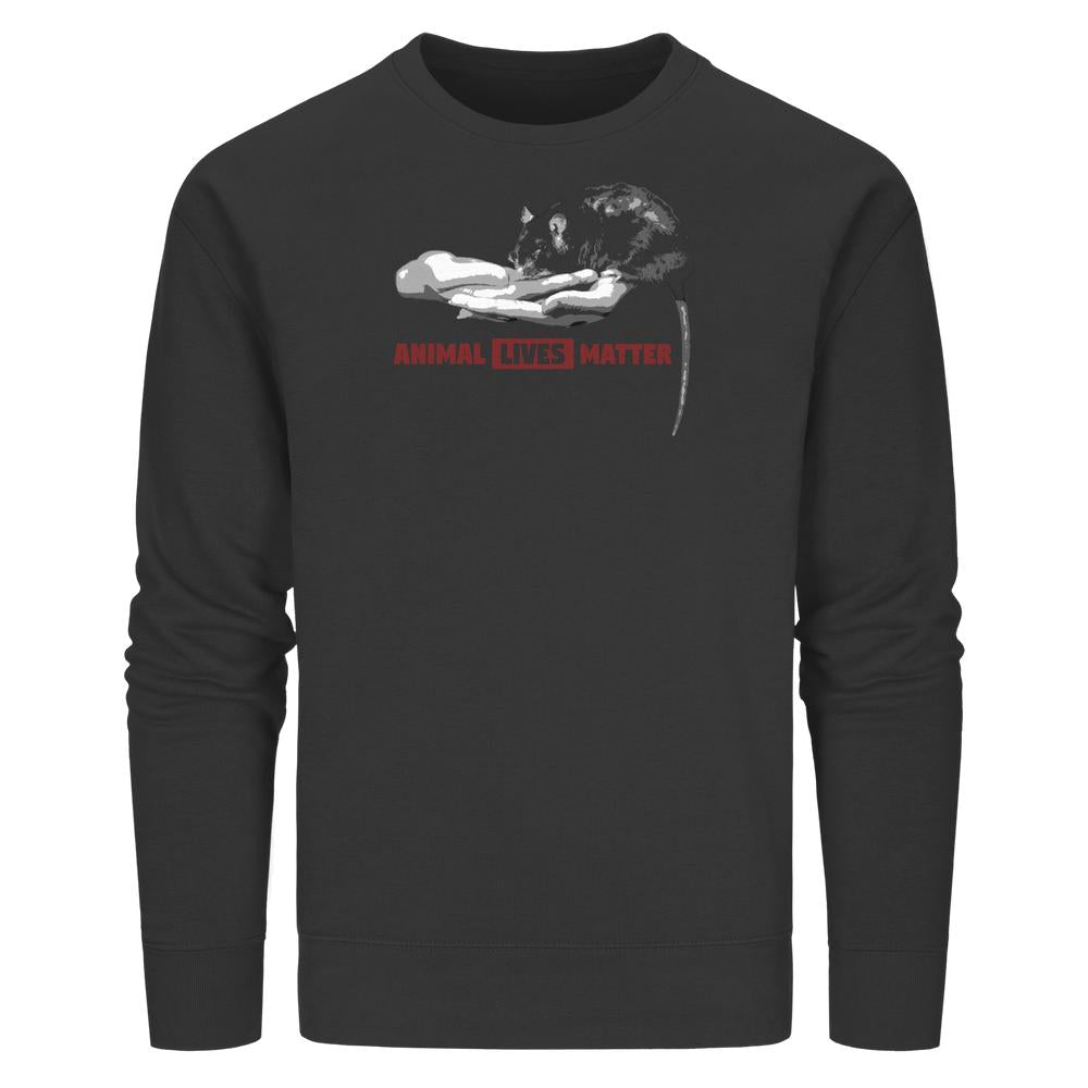 Schwarzes Unisex-Sweatshirt mit dem Print “ANIMAL LIVES MATTER” und einem Handmotiv, das eine Ratte hält, aus veganer, nachhaltiger Bio-Baumwolle von RUDE REBEL.