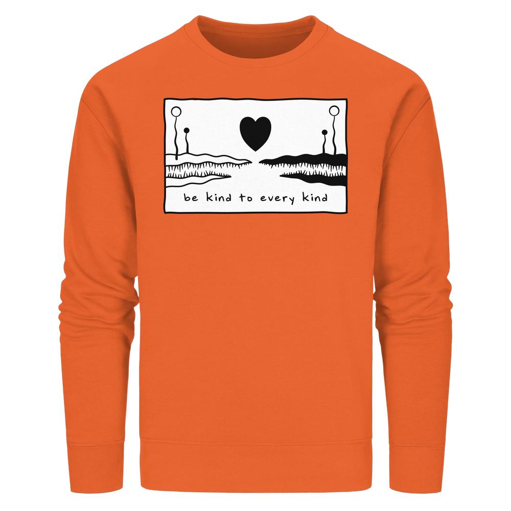 Vegan und Bio Unisex Sweatshirt: Be kind to every kind, orange mit schwarzem Herz und Slogan, nachhaltige Materialien, rebellisches Design von RUDE REBEL.