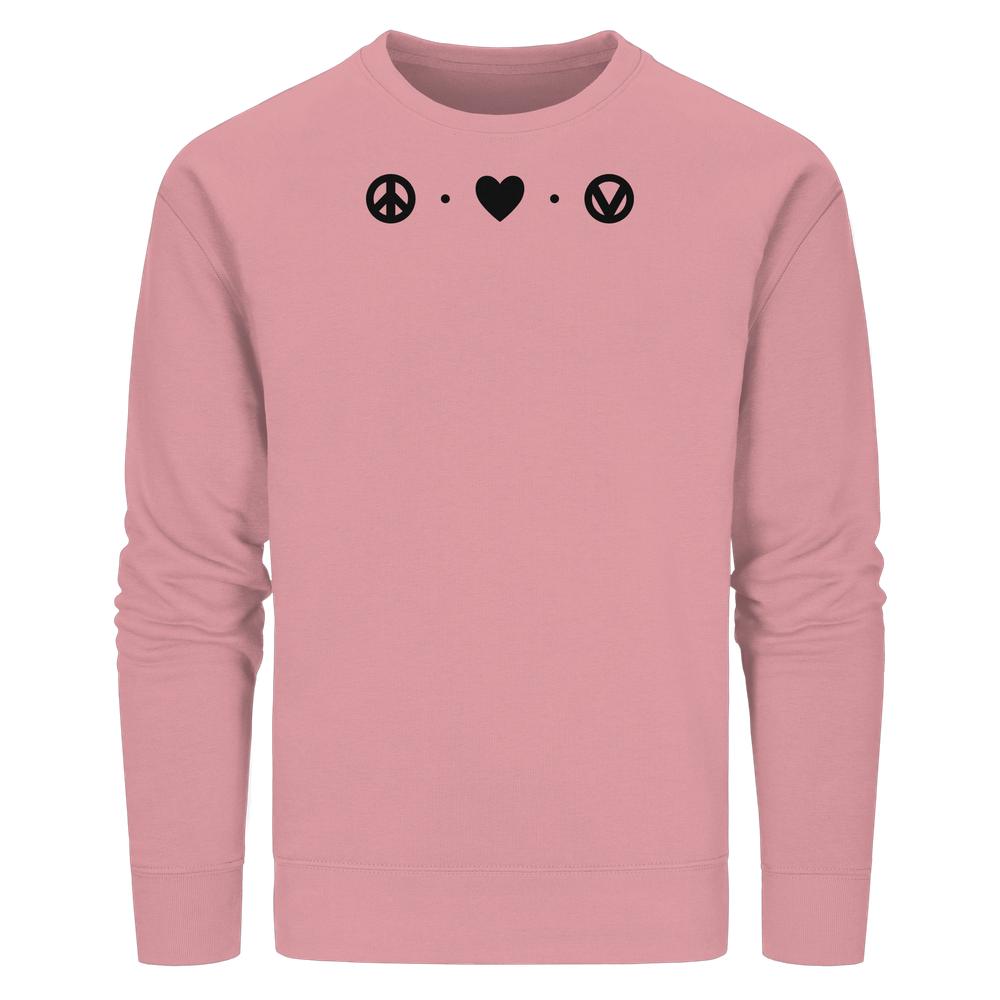 Unisex-Bio-Sweatshirt mit Peace-Love-Veganism-Design, schlicht und aussagekräftig. Nachhaltige Materialien, normale Passform, ideal für vegane und umweltbewusste Mode.