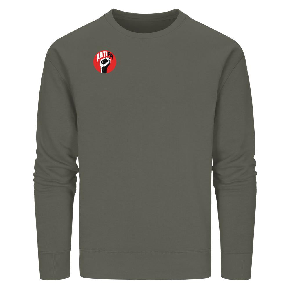 Unisex-Sweatshirt mit Antifa-Grafik, vegan und nachhaltig produziert aus Bio-Baumwolle, symbolisiert Widerstand gegen Faschismus und unterstützt linke, umweltfreundliche Werte.
