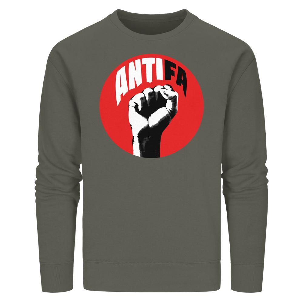 Vegan und Bio Unisex Sweatshirt: Antifa - Kampf gegen Rechts, mit großem roten Kreis und schwarzer Faust, symbolisiert Widerstand gegen Faschismus.