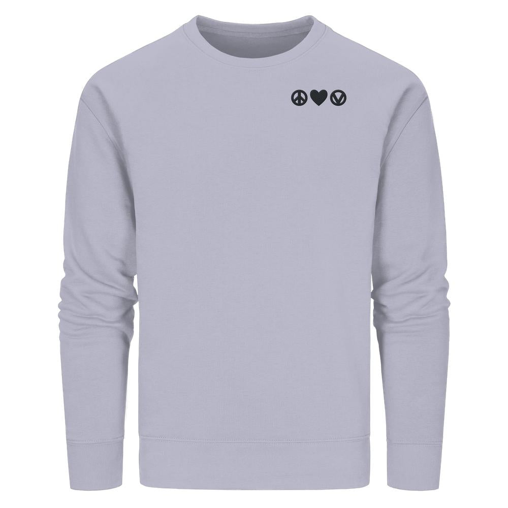 Vegan und Bio Sweatshirt bestickt: Peace - Love - Veganism. Langärmeliges, leichtes Sweatshirt mit kleinem Peace – Heart – V Design auf der Brust. Nachhaltig aus Bio-Baumwolle und recyceltem Polyester. Normale Passform.