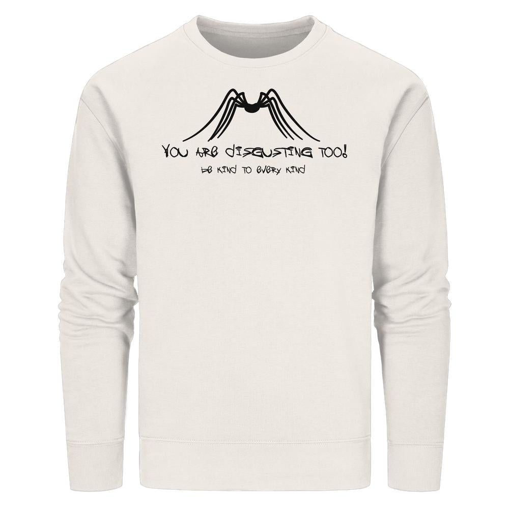 Vegan und Bio Unisex Sweatshirt mit stilisiertem Insektengrafik und Text „Be kind to every kind“. Nachhaltiges Design aus Bio-Baumwolle und recyceltem Polyester.