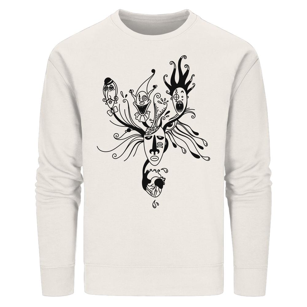 Vegan und Bio Unisex Sweatshirt Mental Health - Behind the Mask, zeigt surrealen Maskendruck mit Tentakeln und Herzmotiv, aus Bio-Baumwolle und recyceltem Polyester, normale Passform.