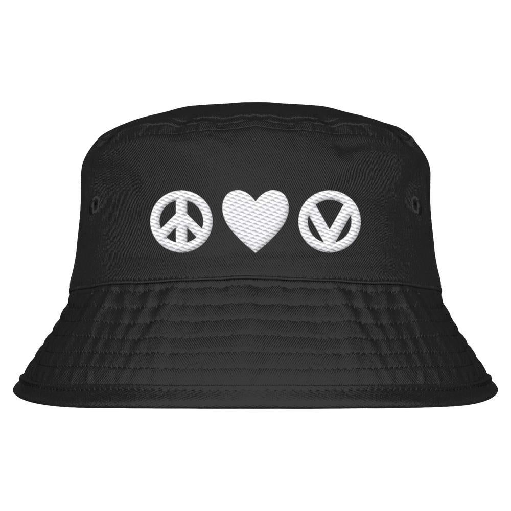 Vegan und Bio Bucket Hat: Love - Peace - Veganism, schwarzer Hut mit weißen Symbolen für Frieden, Liebe und Veganismus. 100% Bio-Baumwolle, Unisex, handwaschbar.