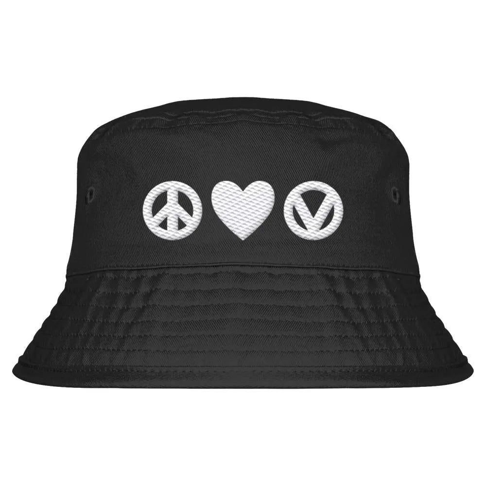 Schwarzer Bucket-Hut mit besticktem Herz, Frieden- und Vegan-Symbol