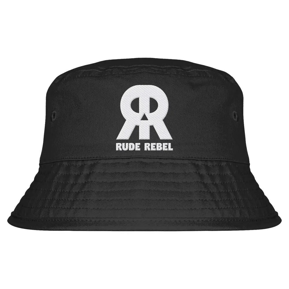Schwarzer Bucket-Hut mit besticktem RUDE REBEL Skull-Logo