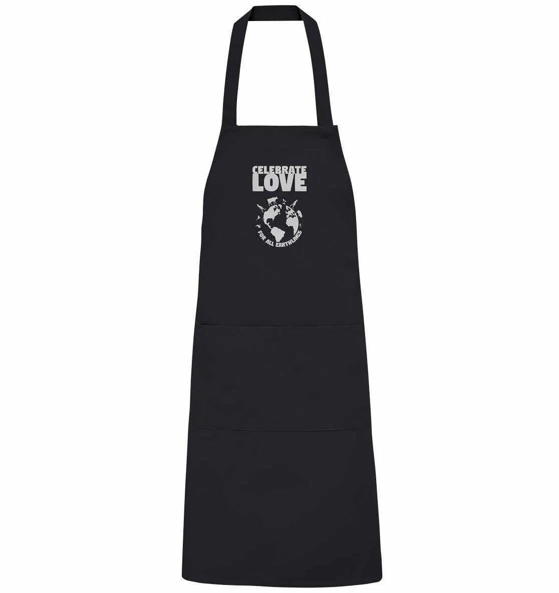 Schwarze Schürze mit Trägern und Aufdruck „CELEBRATE LOVE“