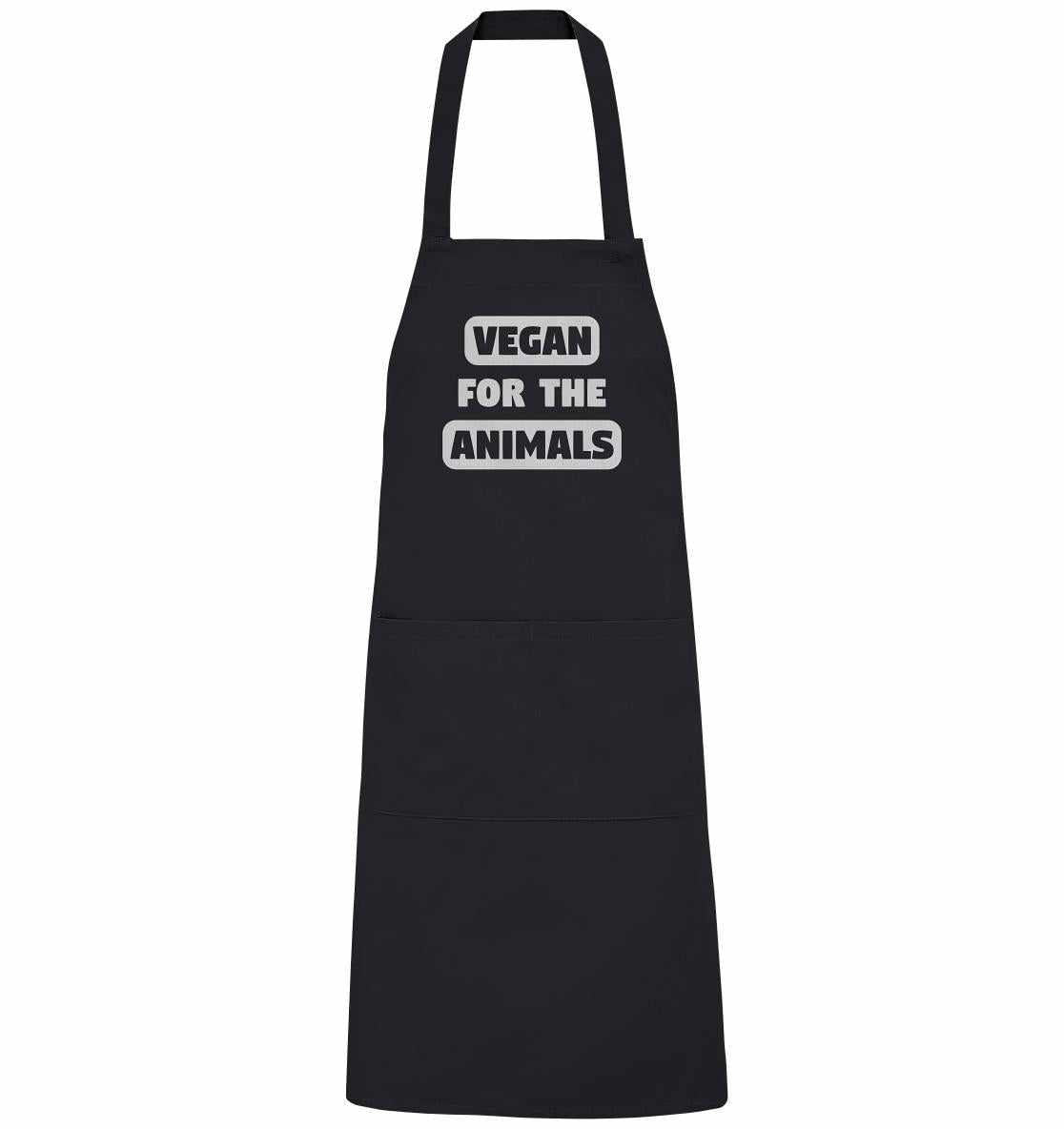 Schwarze Bio-Baumwollschürze mit dem Aufdruck VEGAN FOR THE ANIMALS, verstellbarem Ausschnitt und großen Doppelfachtaschen, symbolisiert Liebe zu Tieren und Veganismus.