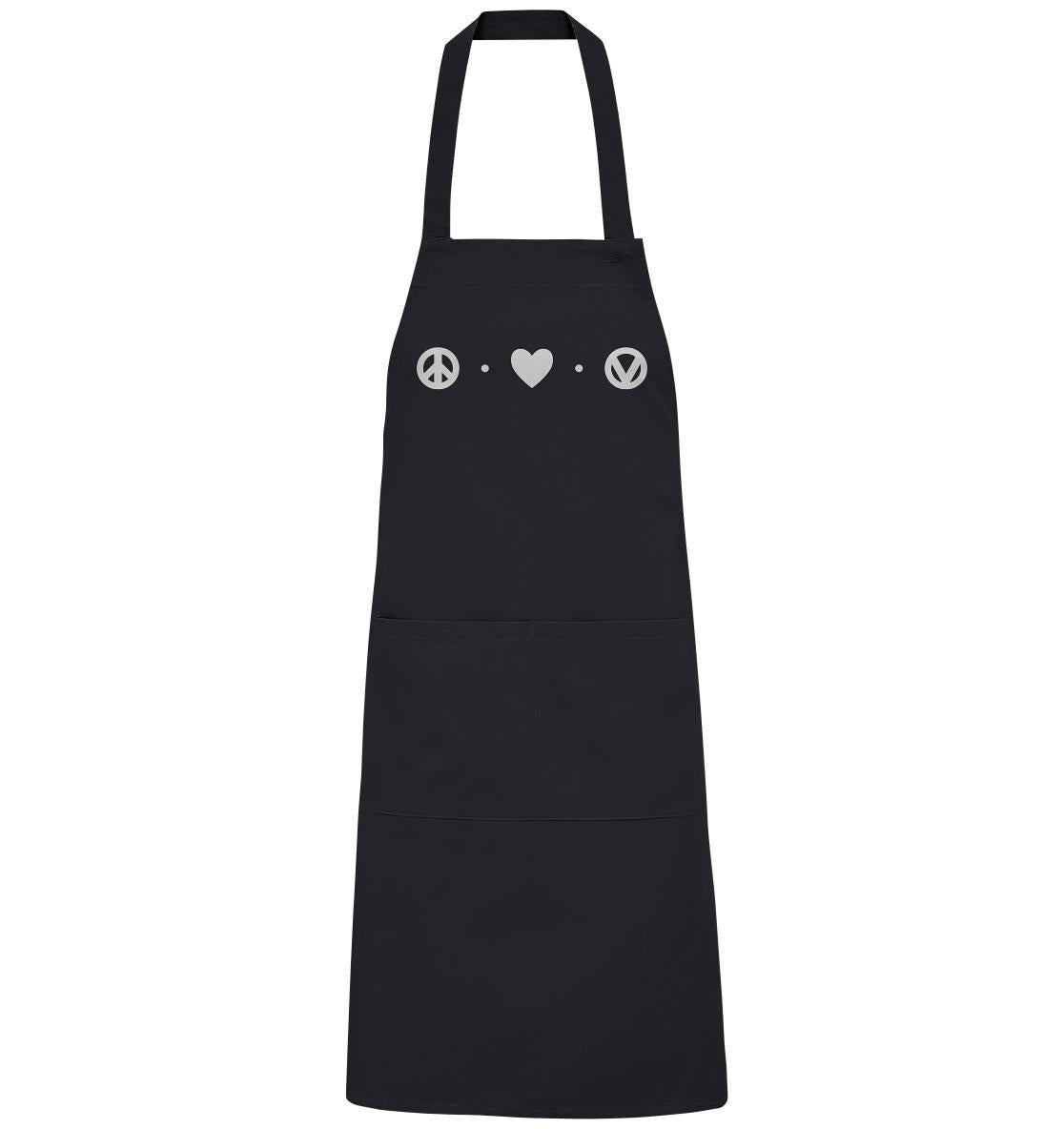 Vegan und Bio Schürze: Peace - Love - Veganism, schwarze Baumwollschürze mit Friedenssymbol, verstellbarer Ausschnitt, große Doppelfächertaschen, umweltfreundlich und vegan hergestellt.