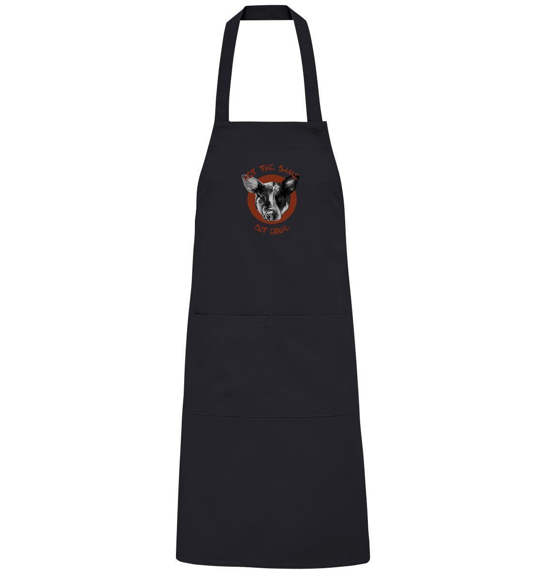 Vegan und Bio Schürze mit Hund-Motiv, symbolisiert Tierrechte. Aus Bio-Baumwolle, verstellbar, große Taschen, rebellisches Design von RUDE REBEL für ethisches Grillen.