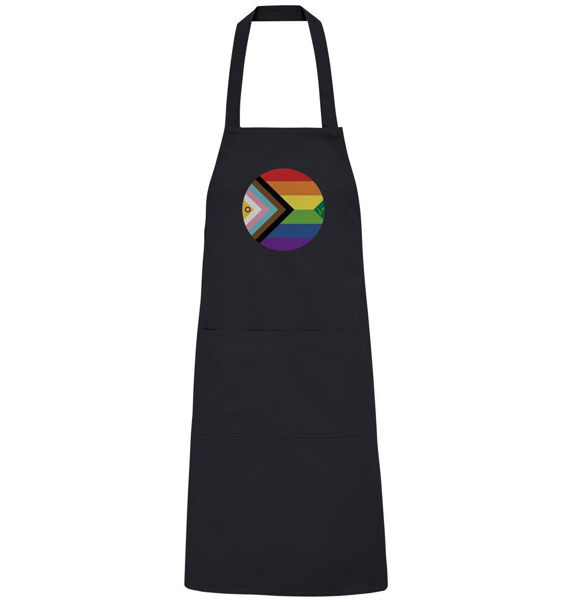 Vegan und Bio Schürze: LGBTQAI+ VEGAN BIG mit Regenbogenkreis, aus Bio-Baumwolle, große Vordertaschen, verstellbarer Ausschnitt, repräsentiert Freiheit und Liebe.