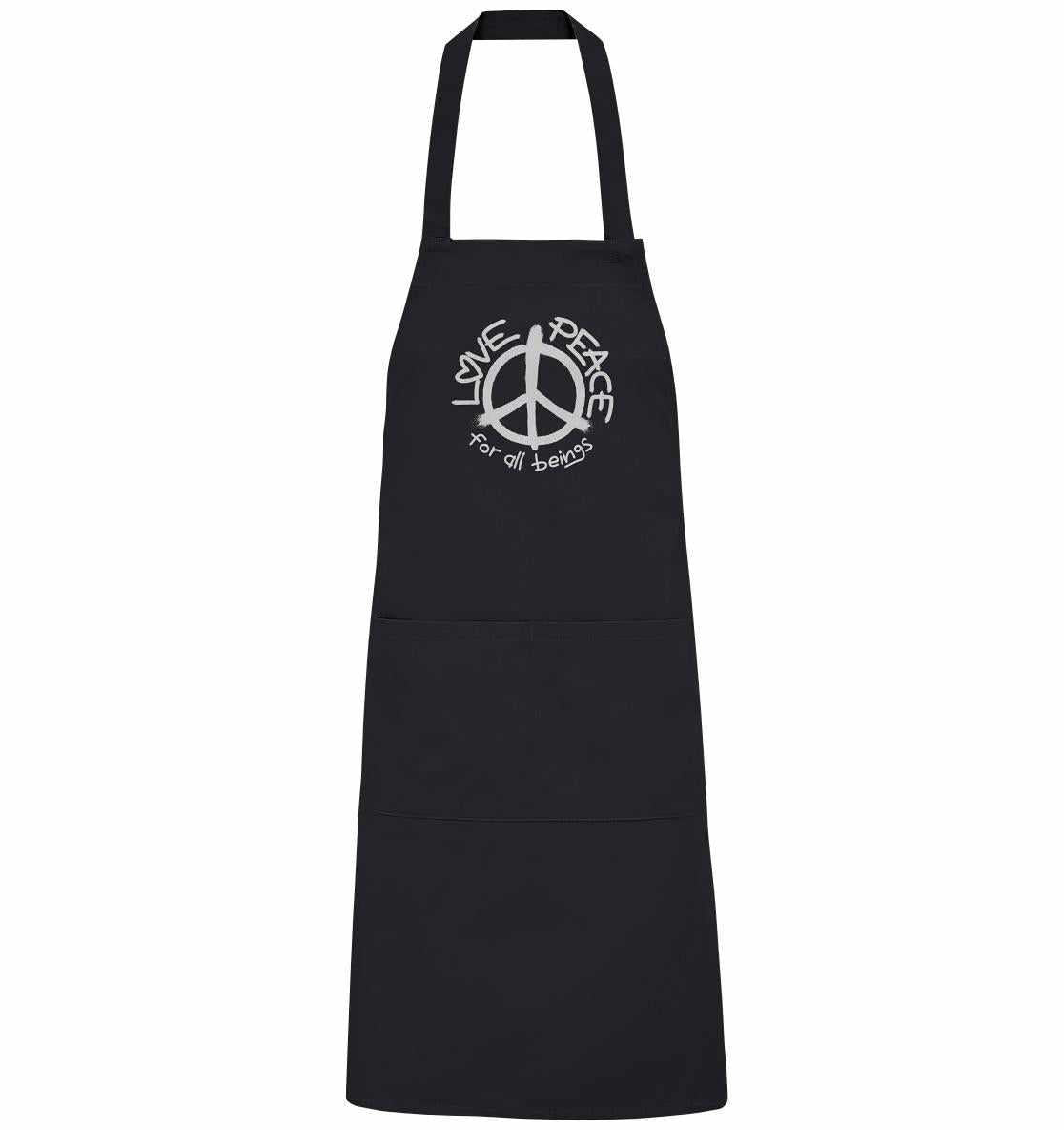 Schwarze Bio-Schürze mit Peace-Symbol, verstellbarem Ausschnitt und großen Taschen, verkörpert Liebe und Frieden. Produkt: Vegan und Bio Schürze: LOVE and PEACE for all beings.