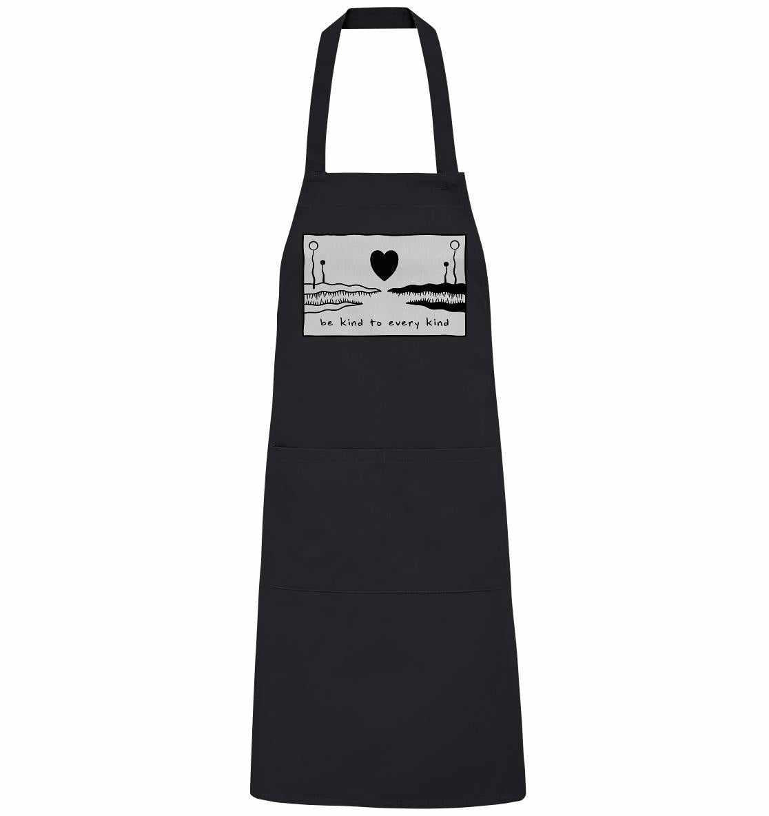 Schwarze Schürze mit Herz- und Bildmotiv, vegan und umweltfreundlich aus Bio-Baumwolle, symbolisiert Liebe und Frieden für alle Lebewesen.